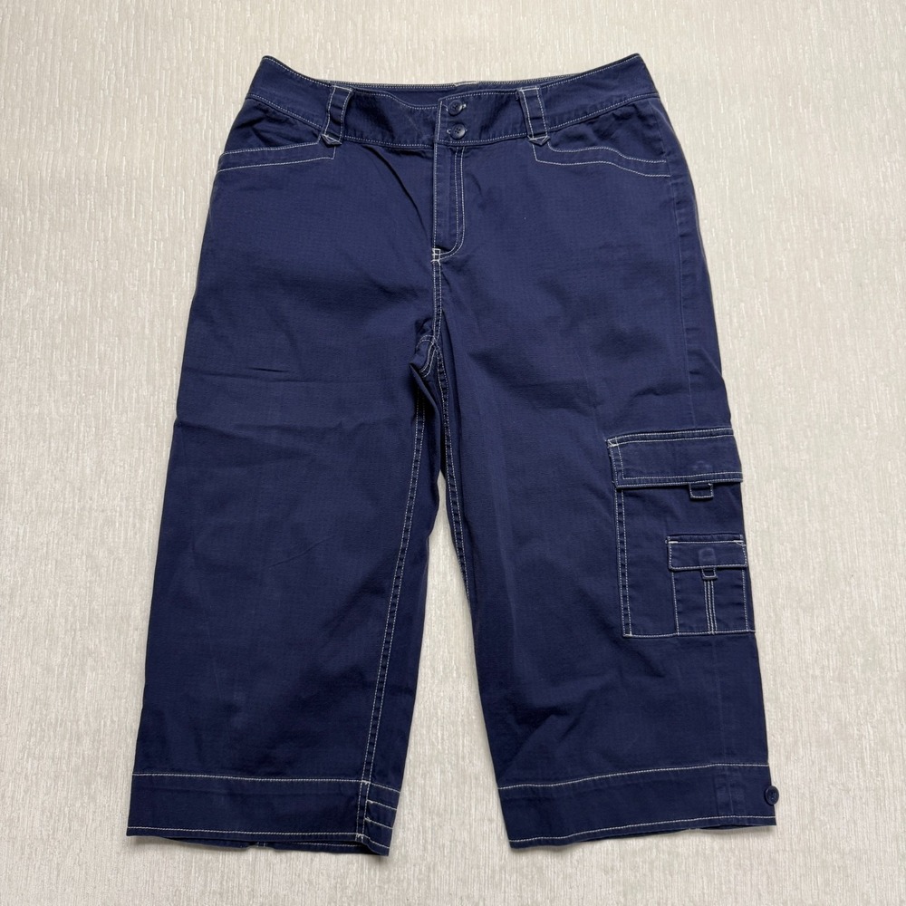 Coldwater Creek Cargo Capri Pants Womens 10 Navy Blue Cotton Stretch Mid Rise